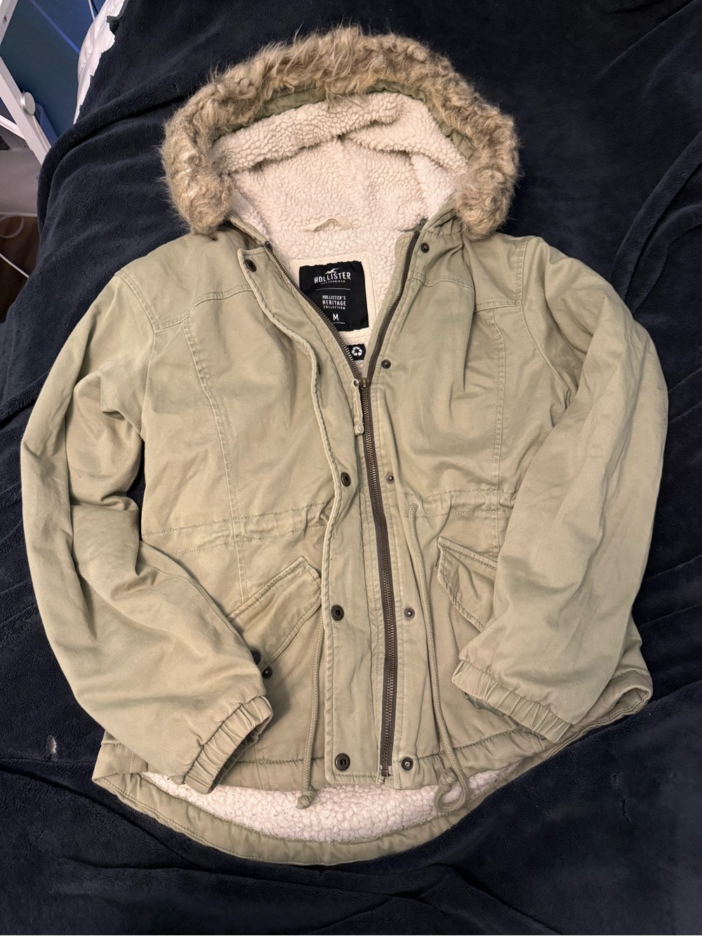 Hollister Olive Green Sherpa Hooded Puffer Jacket